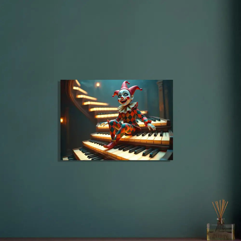 Clown sitting on piano stairs for Aluminum Marionette Print The Puppets Prelude PixiOnyx Metal Art