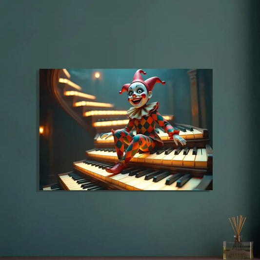 Creepy clown on piano stairs aluminum marionette print from The Puppets Prelude PixiOnyx Metal Art