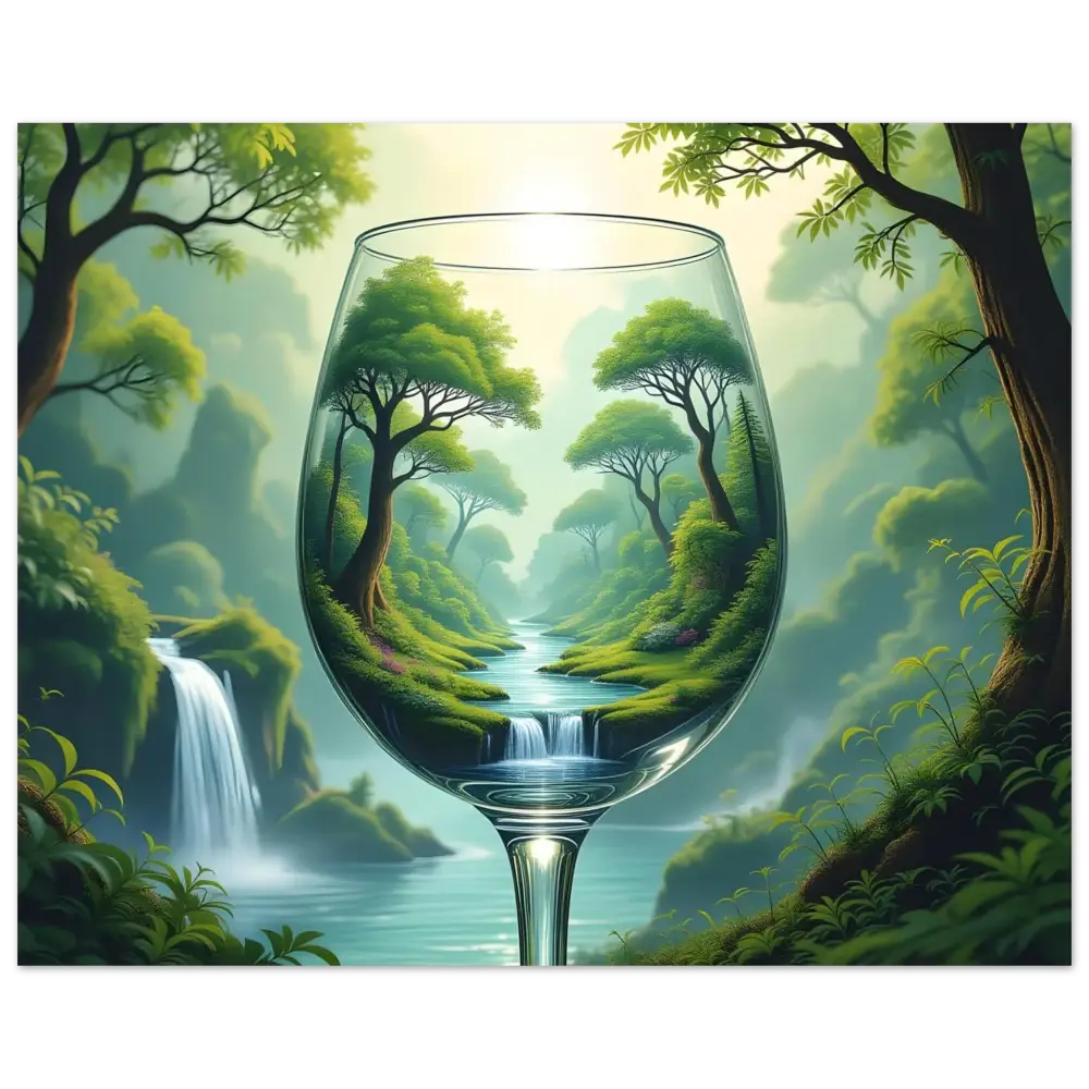 Wine glass with lush forest landscape on Aluminum Nature Print World in a Glass Surreal Forest