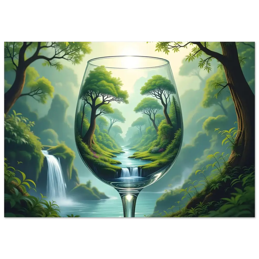 Wine glass with a miniature lush surreal forest landscape in Aluminum Nature Print World in a Glass