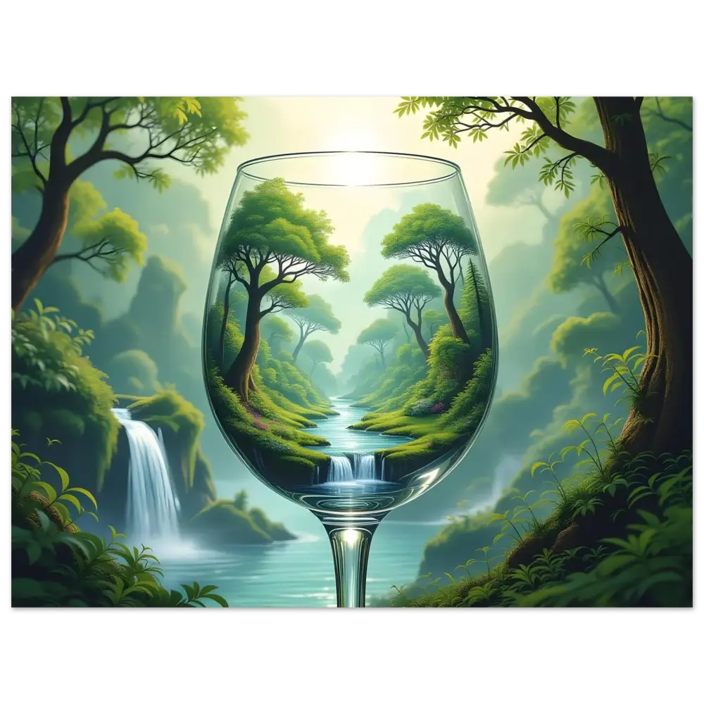 Wine glass with a lush Surreal Forest landscape from Aluminum Nature Print PixiOnyx