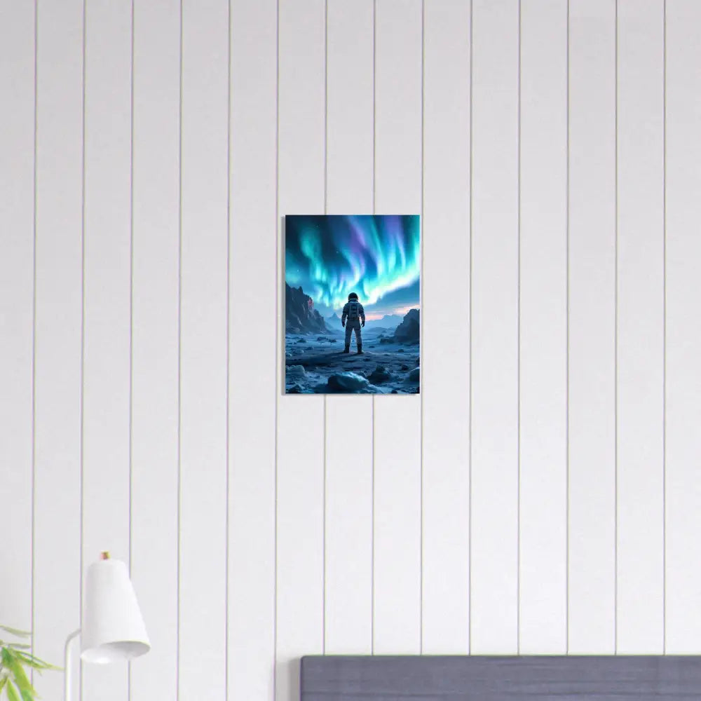 Framed astronaut under vibrant aurora artwork on aluminum print from PixiOnyx Apex Stargaze Series