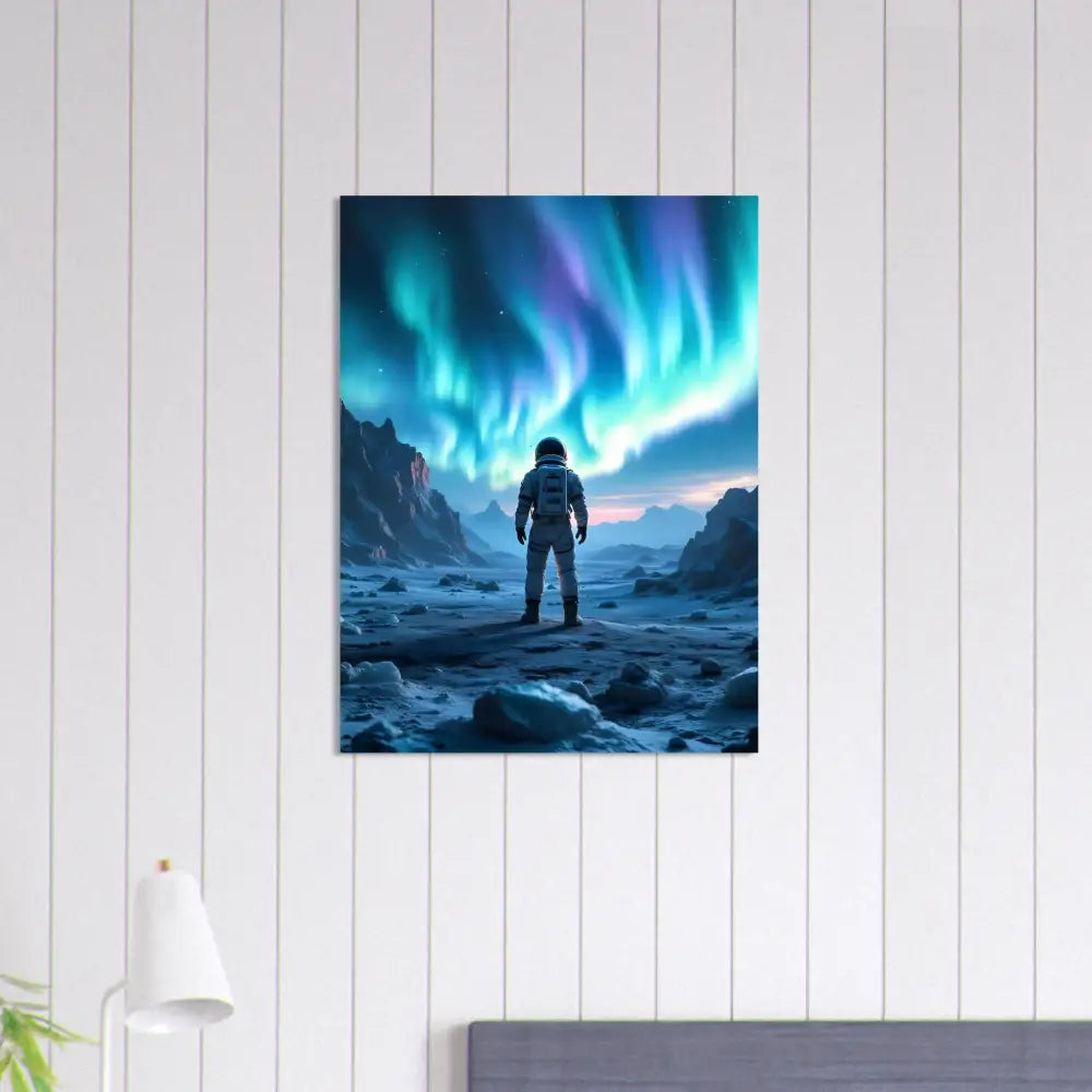 Aluminum print of astronaut under Aurora Borealis poster from PixiOnyx Apex Stargaze Series