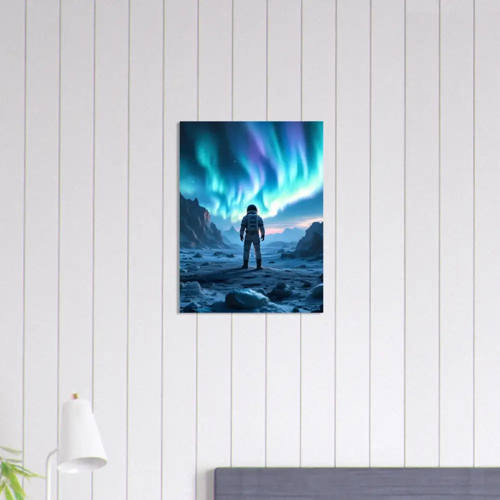 Astronaut gazing at Aurora Borealis on Aluminum Print in PixiOnyx Apex Stargaze Series