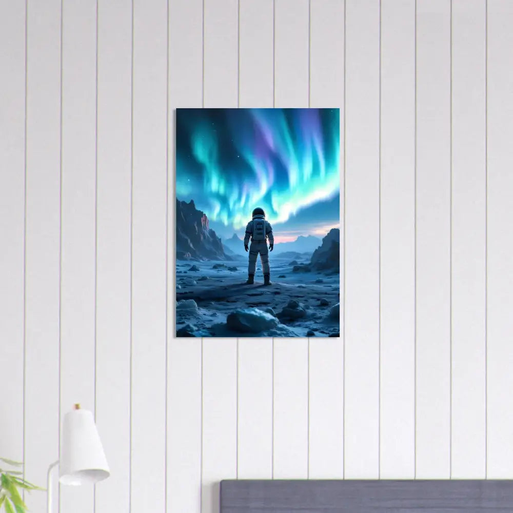 Astronaut under Aurora wall art aluminum print from PixiOnyx Apex Stargaze Series