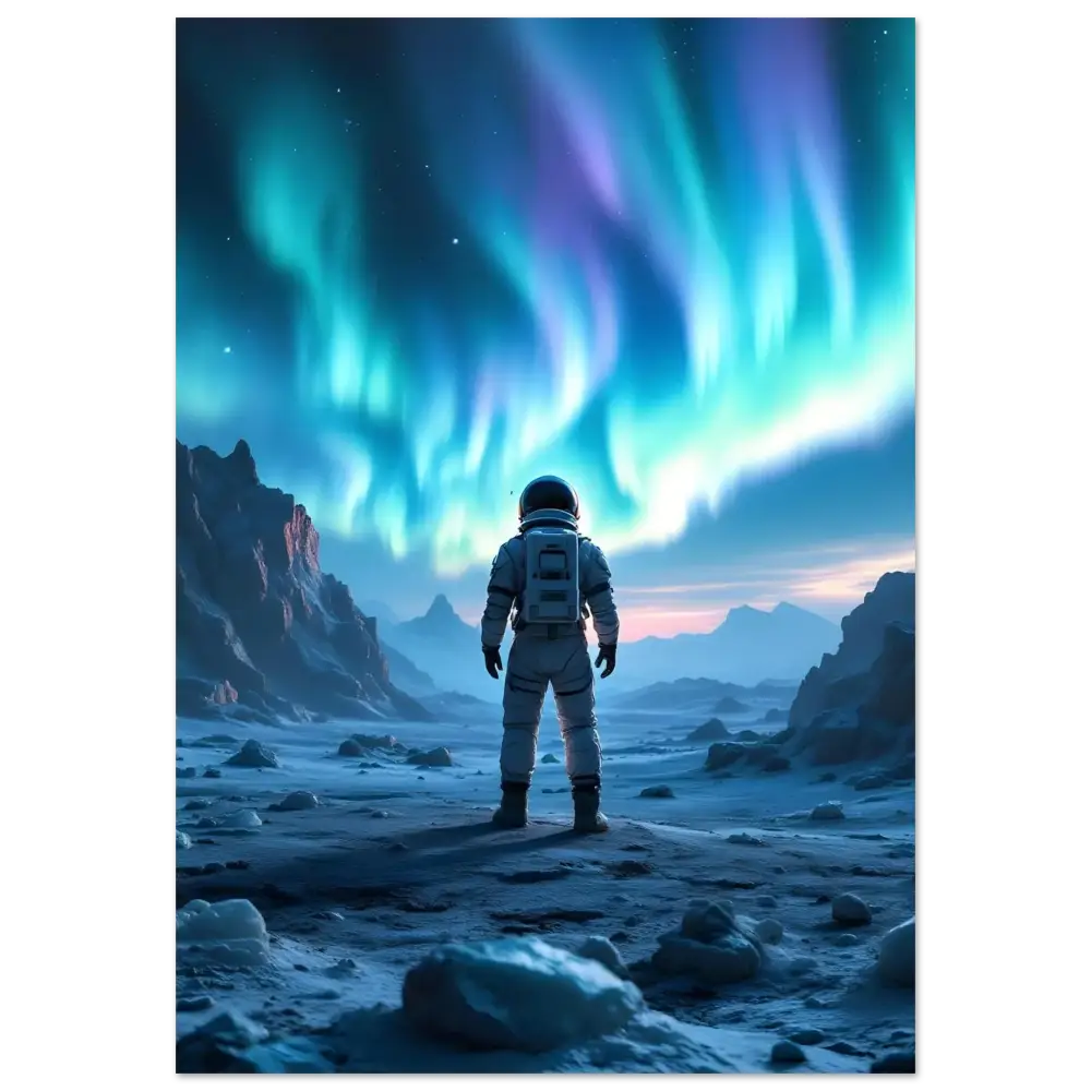 Astronaut gazing at Aurora Borealis on Aluminum Print from PixiOnyx Apex Stargaze Series