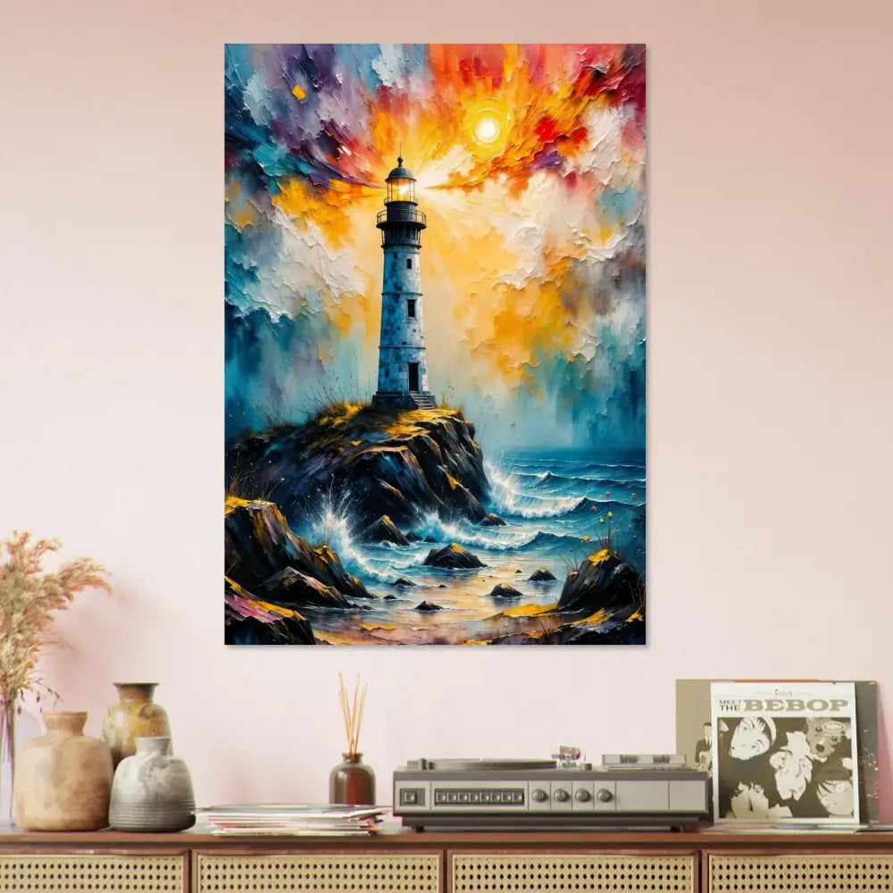 Vibrant stormy lighthouse scene on white-coated aluminum panel for archival display