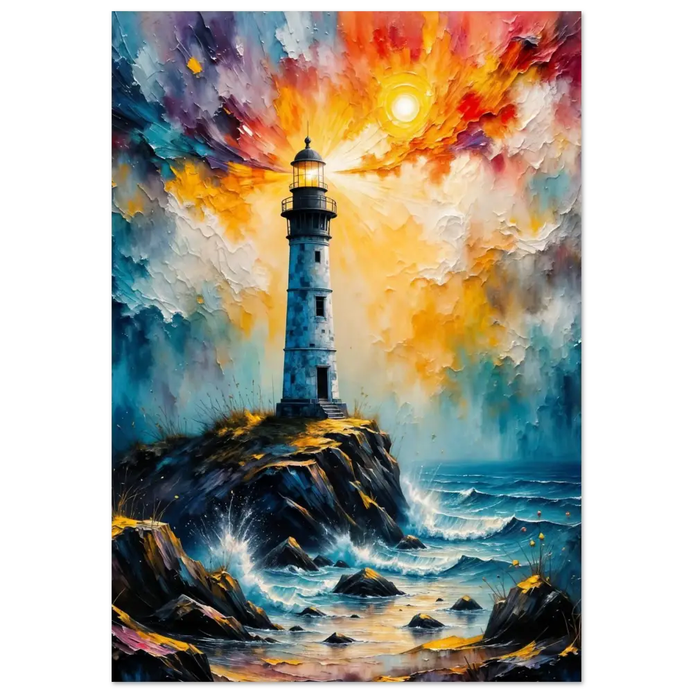 Stormy lighthouse scene on white-coated aluminum panel showcasing aluminum panel archival quality at PixiOnyx