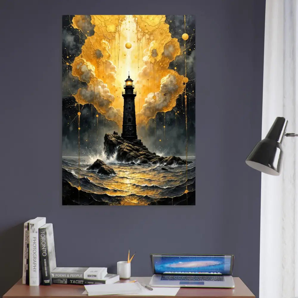 Luminous tower etched aluminum print of lighthouse on rocky sea with golden clouds