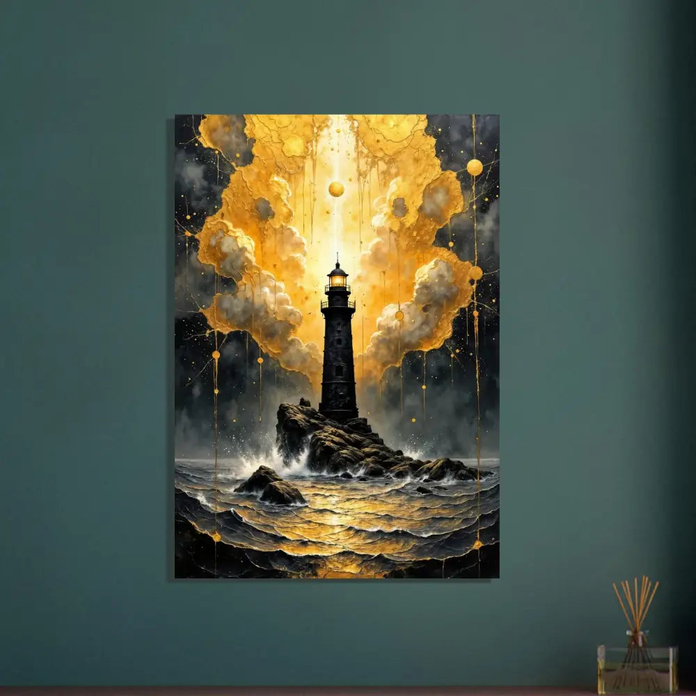 Aluminum print of luminous tower etched lighthouse on rocky sea with stormy sky and golden clouds