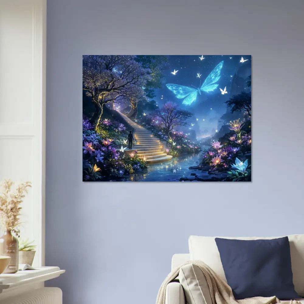 Enchanting butterfly garden wall art on Aluminum Print Biolumina The Valley Beyond