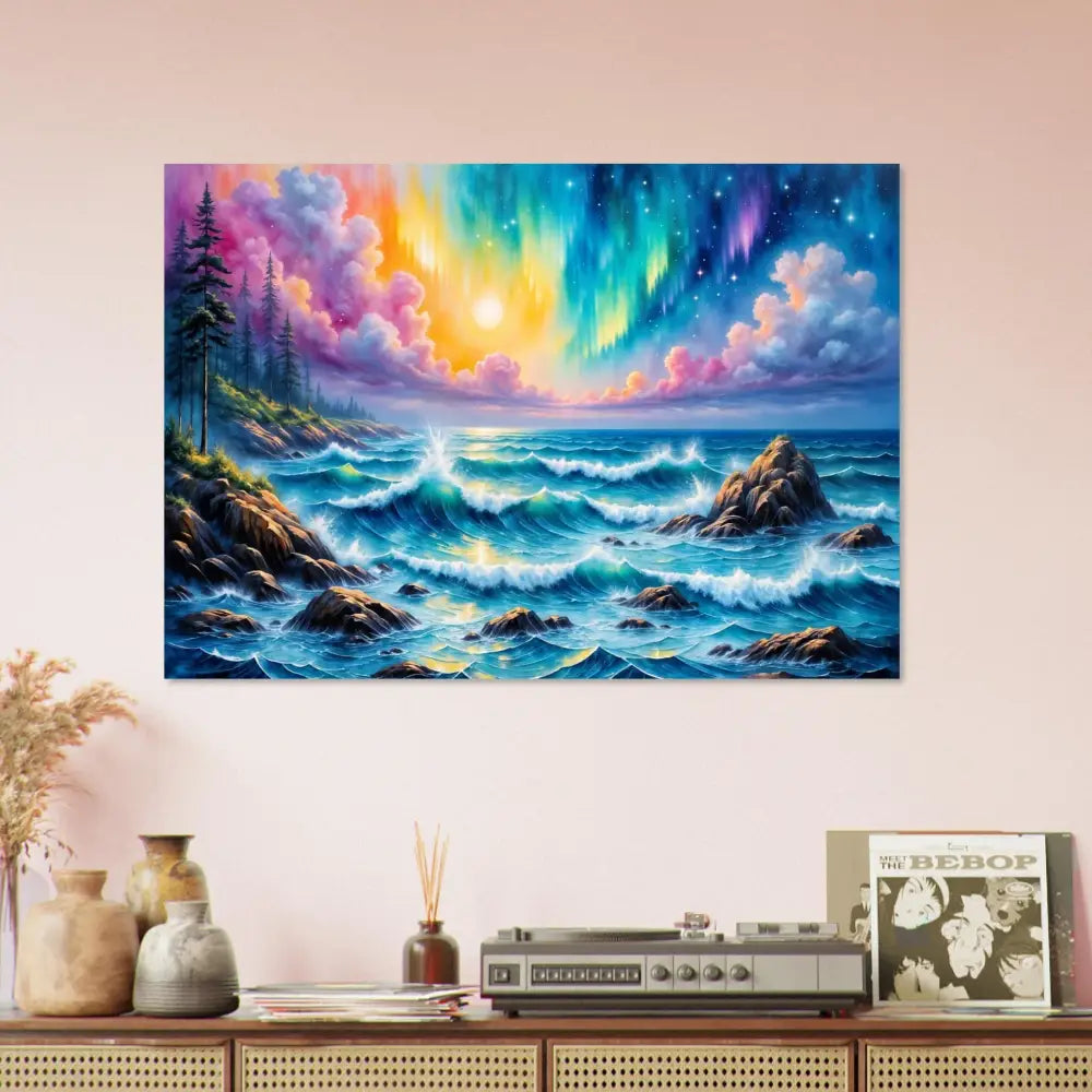 Vibrant celestial tide painting with stormy ocean and bright aurora for Aurora Metal Wall Art