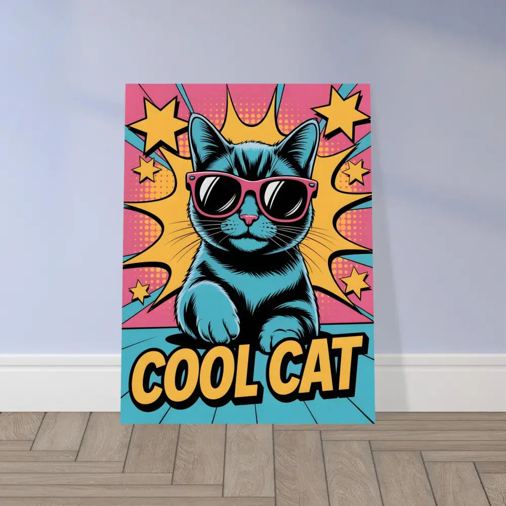 Pop art cool cat canvas print with pink sunglasses on PixiOnyx Metallic Meow brushed aluminum