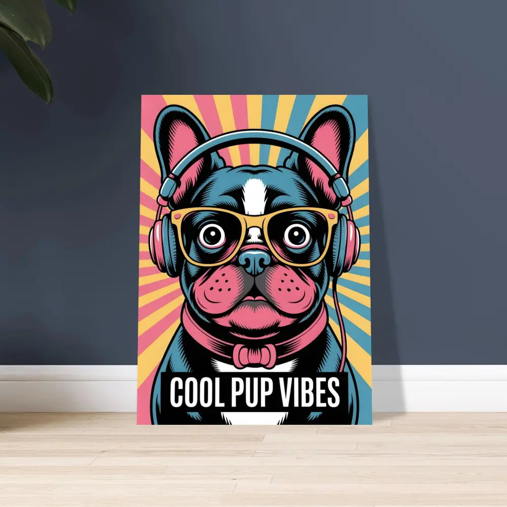 Vibrant pop art style French Bulldog with headphones and glasses on PixiOnyx metallic print
