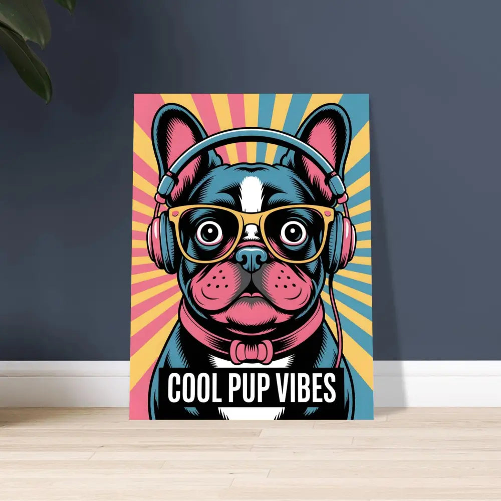 Colorful pop art Aluminum Print of a French Bulldog with headphones and glasses showcasing cool pup vibes and vivid UV colors