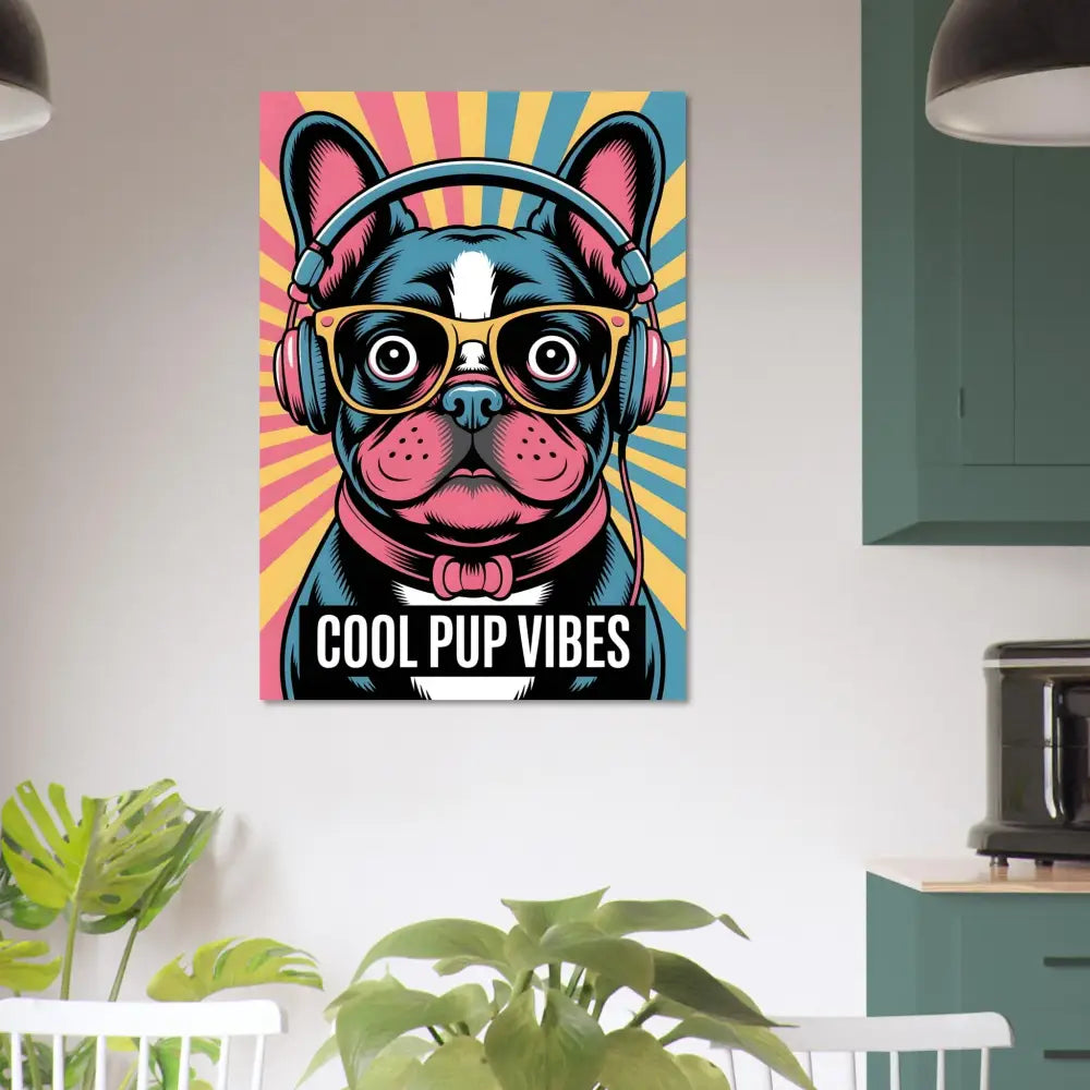 Colorful framed wall art of a French Bulldog with headphones showcasing cool pup vibes and vivid UV colors