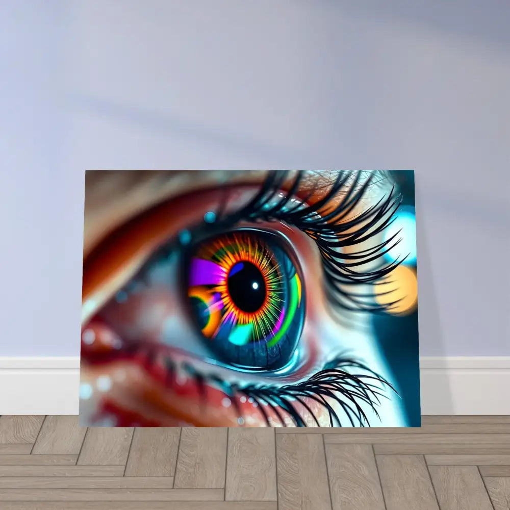 Colorful eye art print on metallic aluminum surface in Cosmic Iris Portal of Vision PixiOnyx