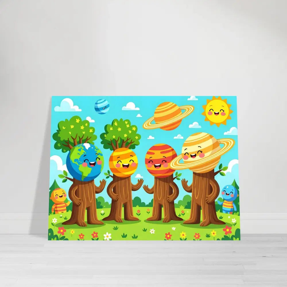 Cartoon planet-headed tree characters on Aluminum Print Cosmic Tree Friends PixiOnyx Stellar Kids Art