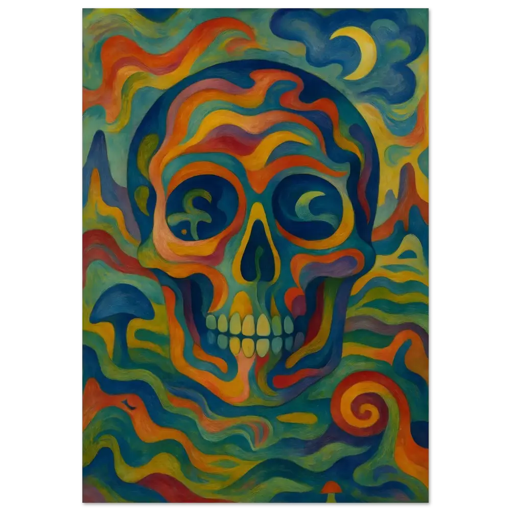 Colorful psychedelic skull aluminum print for vibrant wall art decoration