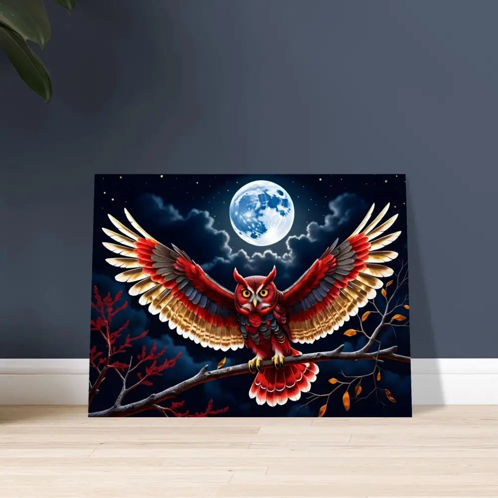 Colorful owl painting on Crimson Wings Unfurled Aluminum Print by PixiOnyx Celestial Metal