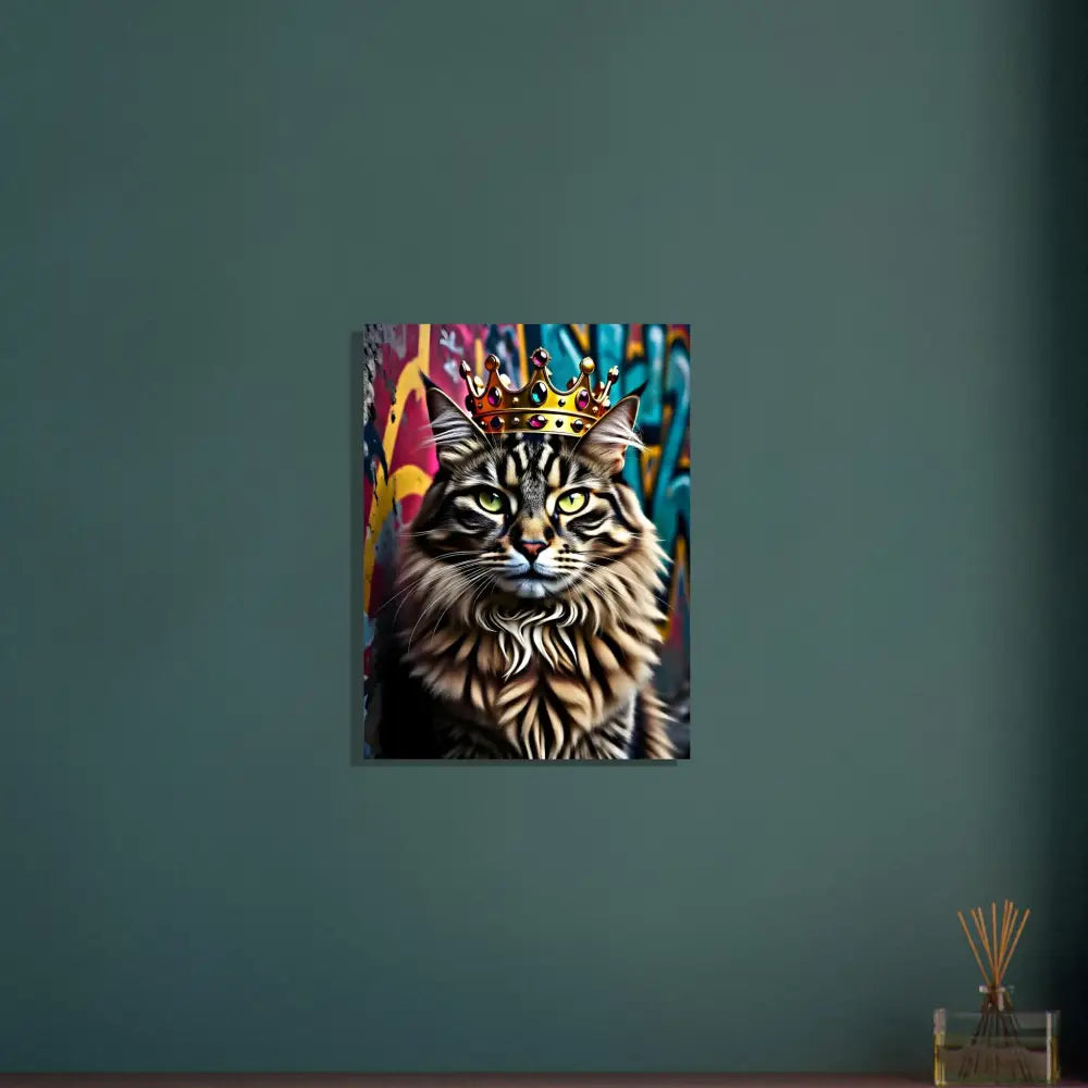 Aluminum print of a Cat wearing a crown titled Crown Meowjesty by PixiOnyx