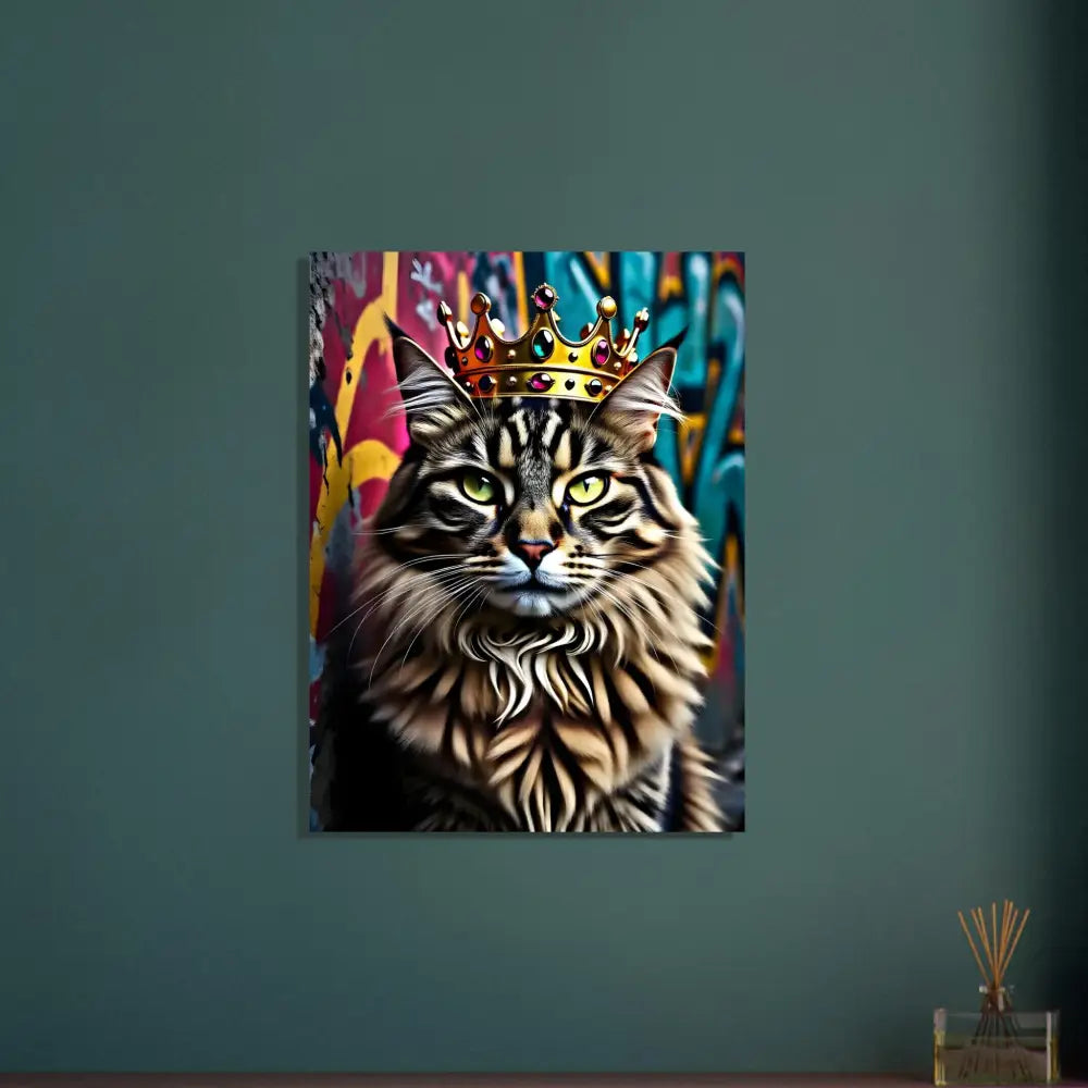 Cat wearing a crown displayed on Aluminum Print Crown Meowjesty PixiOnyx Metallic Urban Feline
