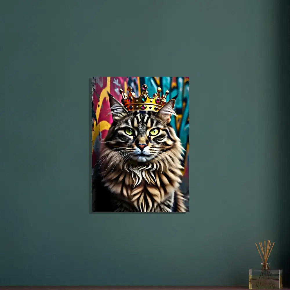 Metallic urban feline aluminum print featuring a cat wearing a crown for regal decor