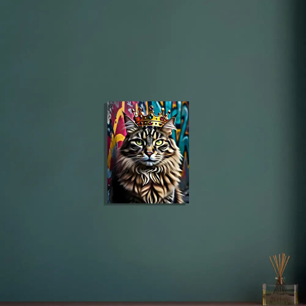 Cat wearing a crown against graffiti for Aluminum Print Crown Meowjesty on PixiOnyx
