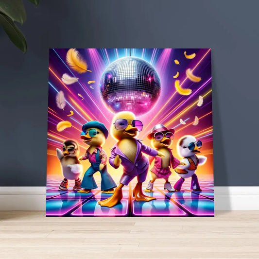 Disco duck artwork on Aluminum Print in PixiOnyx Retro Absurdist Display