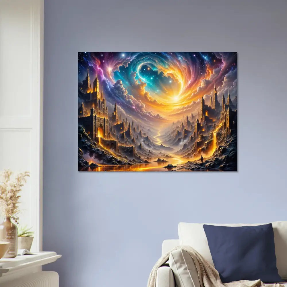 Vibrant cosmic vortex over illuminated castles in PixiOnyx Luminous Realm Aluminum Print of Eclipsed Citadel glow
