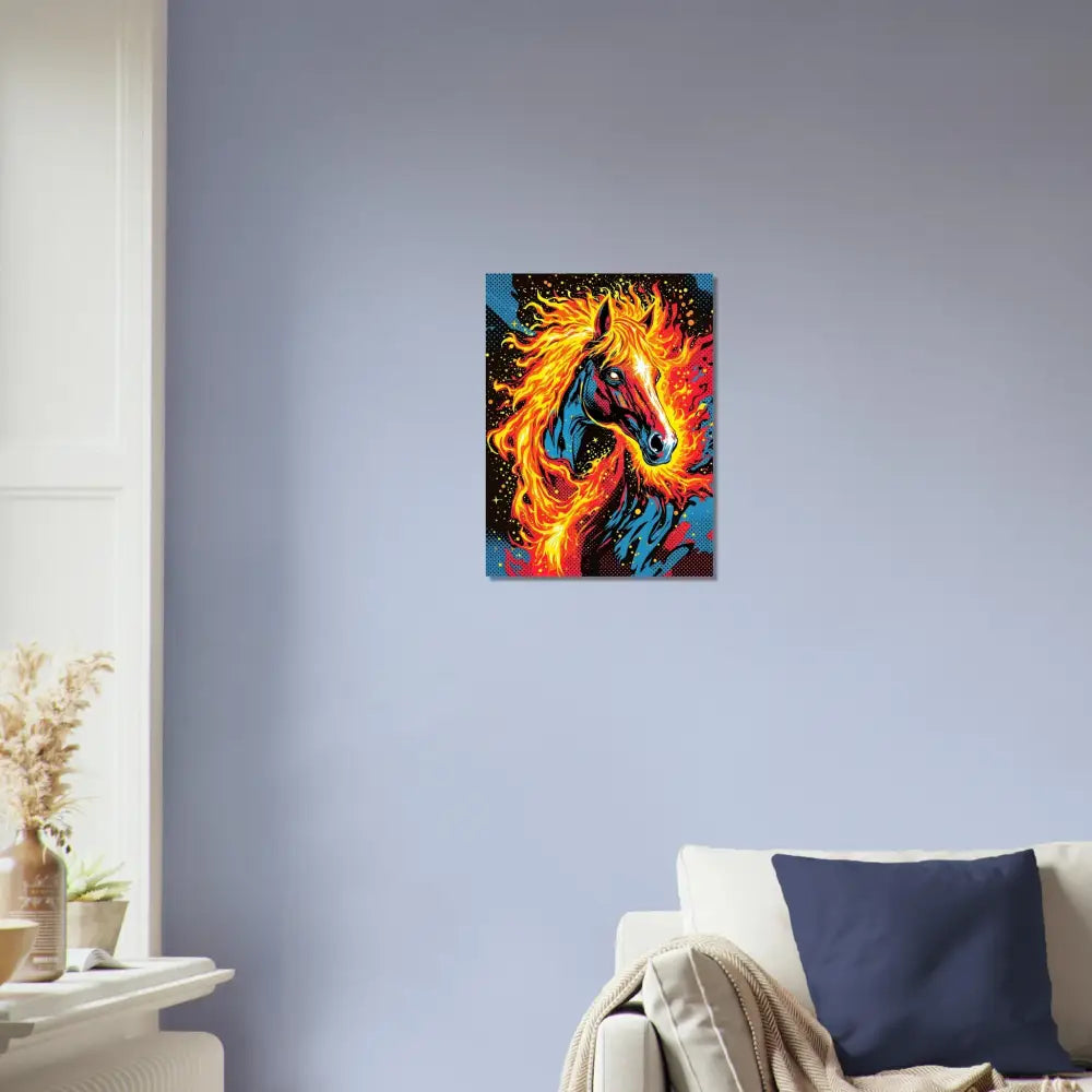 Vibrant surreal horse aflame aluminum print on luminous metallic display