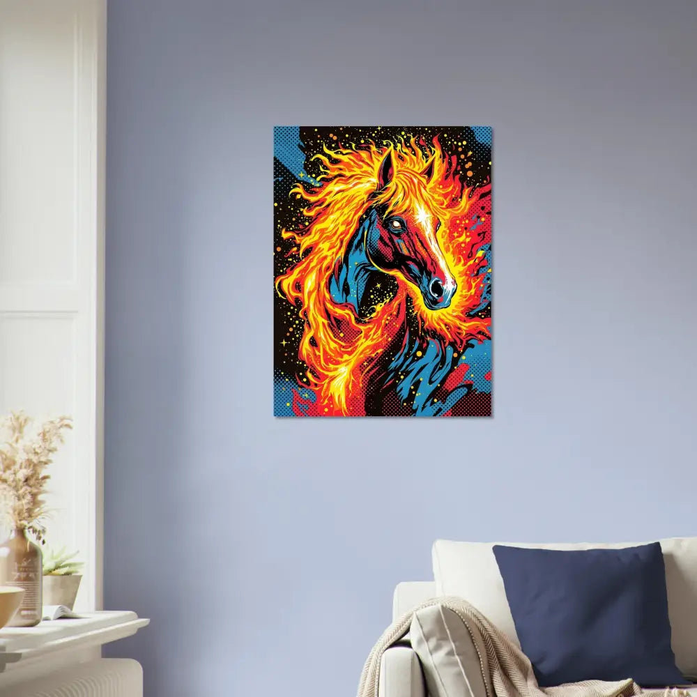 Vibrant pop art surreal horse aflame aluminum print on luminous metallic display