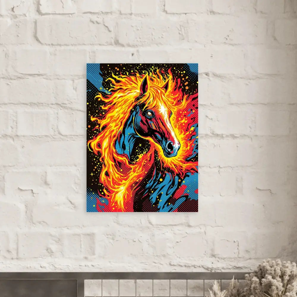 Vibrant surreal horse aflame aluminum print on luminous metallic display PixiOnyx