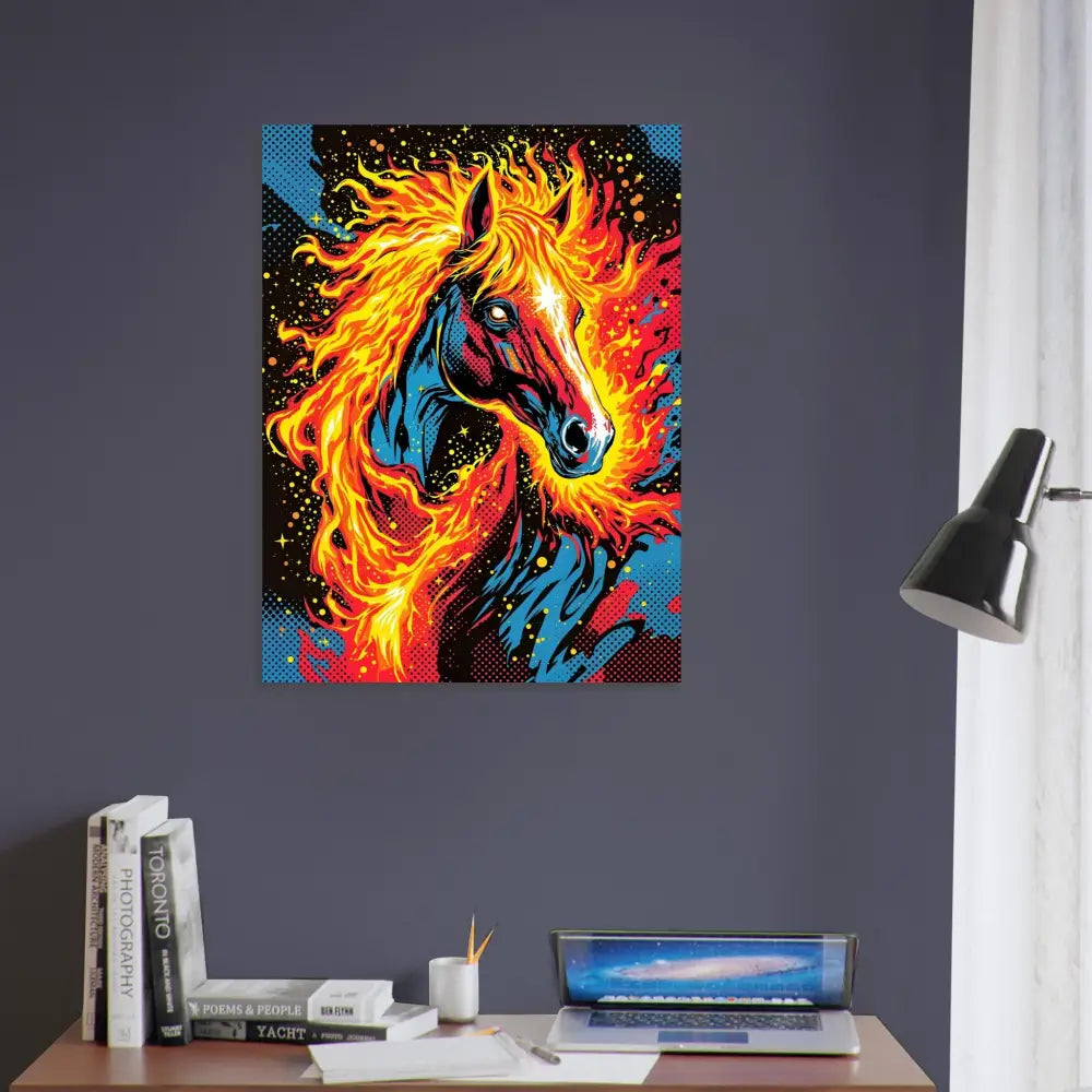 Vivid surreal horse aflame aluminum print on luminous metallic display PixiOnyx