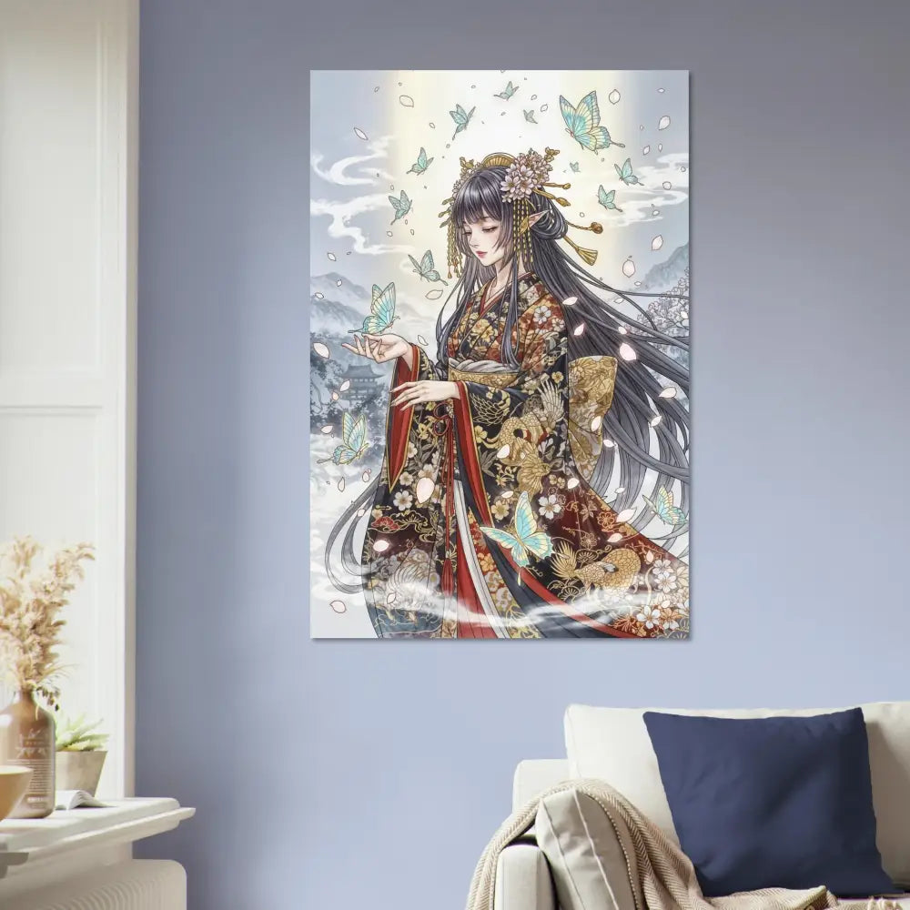 Ethereal Kimono Maiden wall art on durable aluminum panels with vibrant color infusion