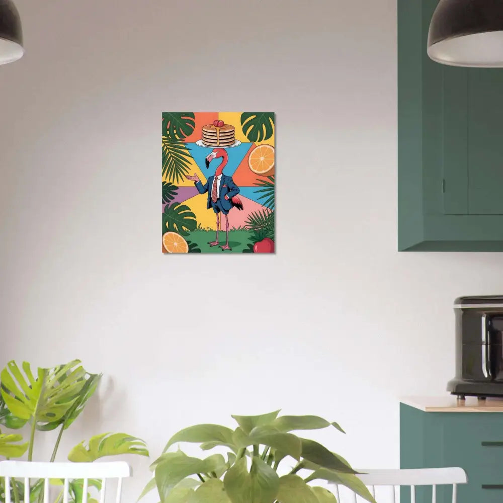 Aluminum print of whimsical flamingo waiter with pancakes in sleek modern shine and scratch resistance