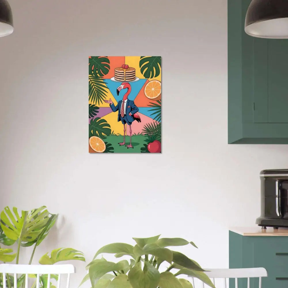 Aluminum print of whimsical flamingo waiter with modern shine tropical art scene