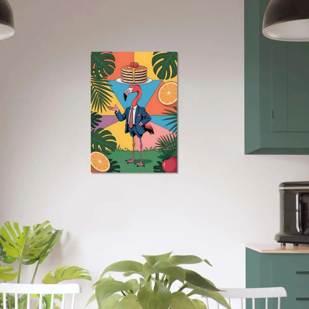 Aluminum print of whimsical flamingo waiter with pancakes, tropical leaves, sleek modern shine