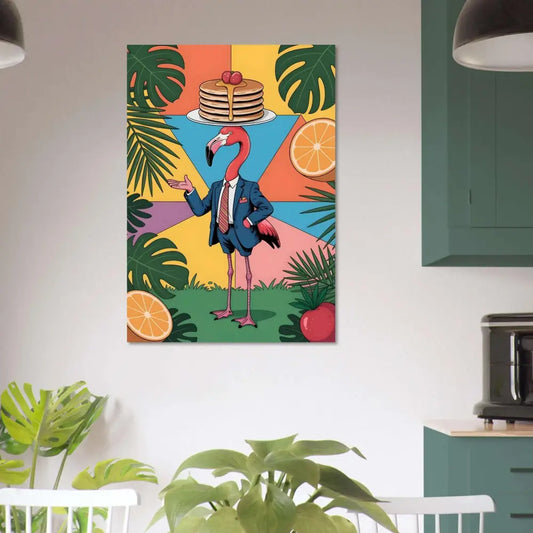 Colorful aluminum print of Flamingo Waiter with pancakes, sleek modern shine, scratch-resistant