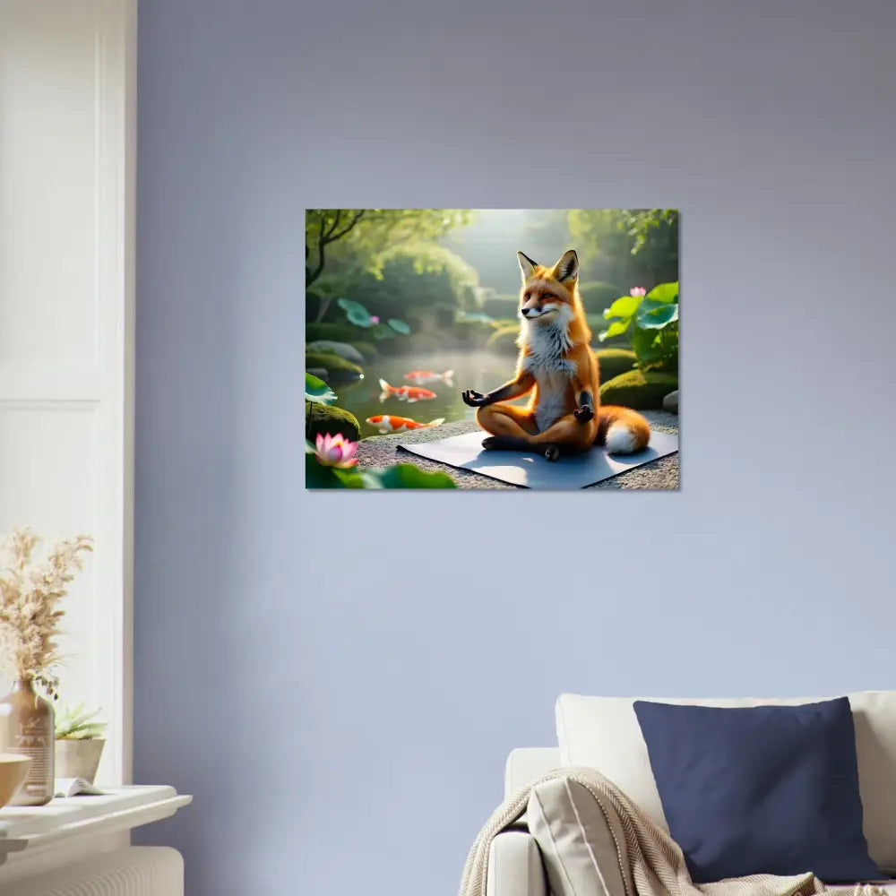 Fox meditating in a serene pond scene on Aluminum Print Foxasana PixiOnyx Mirror Calm Series