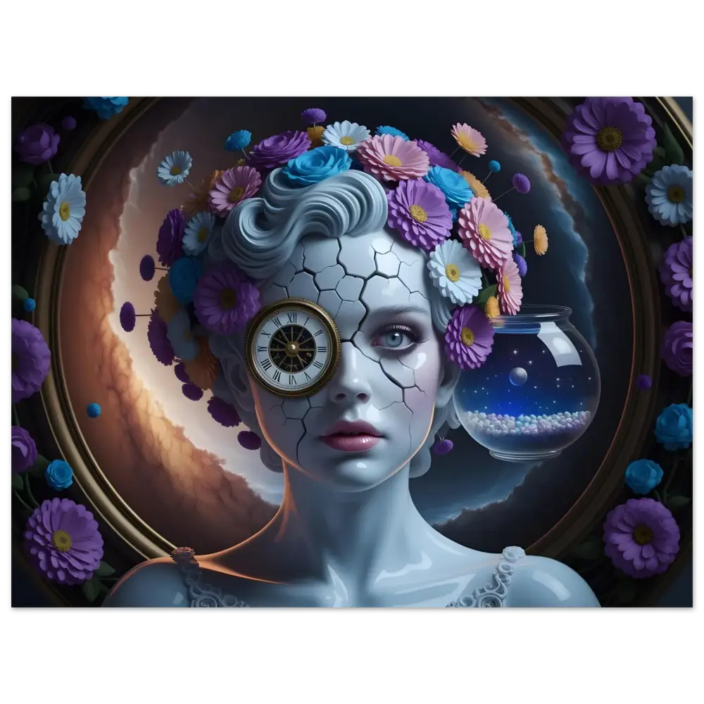 Cracked porcelain woman with clock eye and floral crown aluminum print Fractured Time PixiOnyx