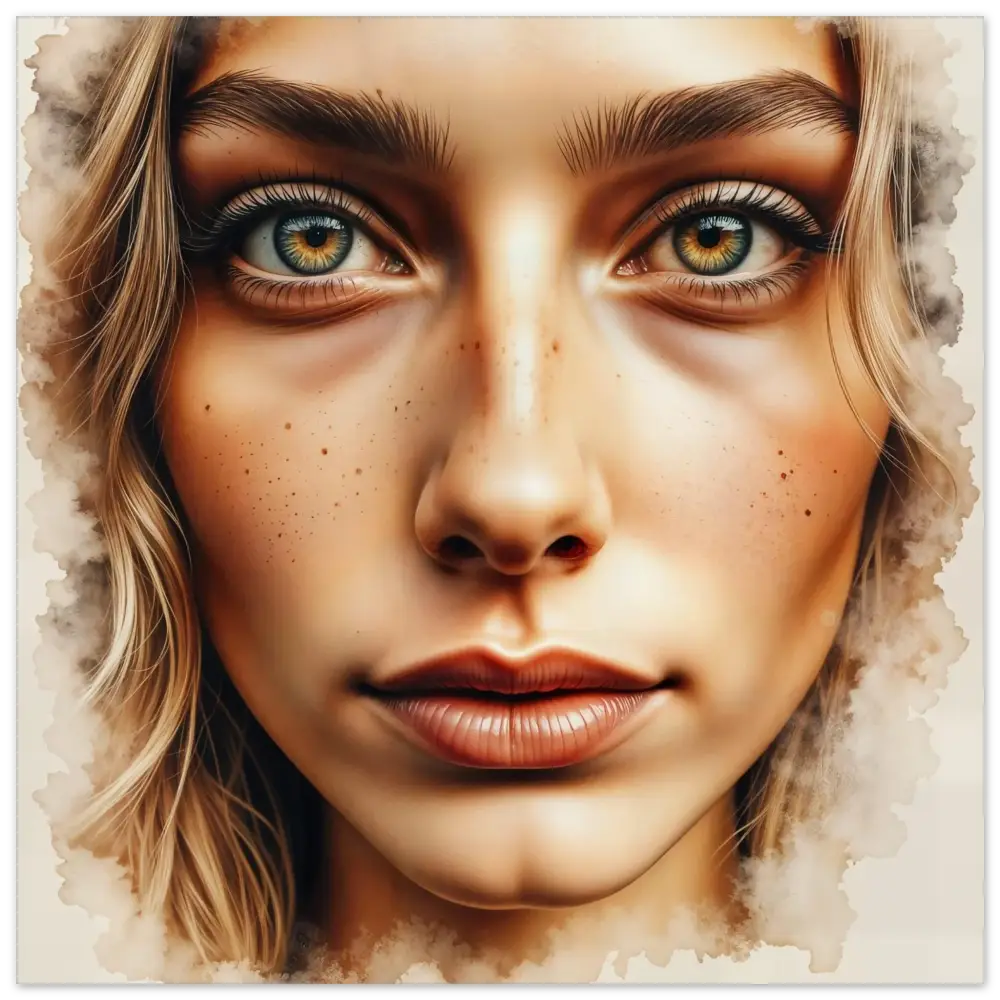Close-up of a woman with glowing skin, freckles, and green-brown eyes on high-gloss aluminum panel