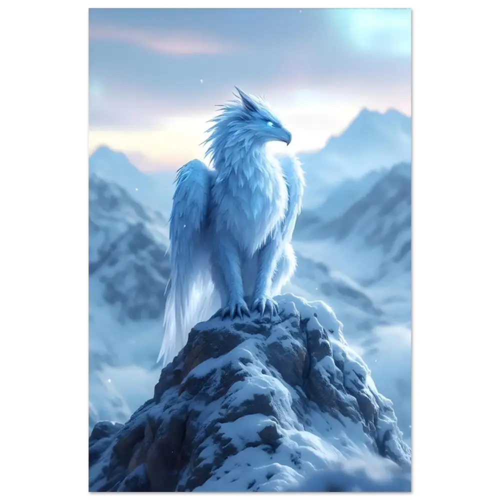 Aluminum print Frostpeak Gryphon featuring a majestic white griffin on a snowy peak