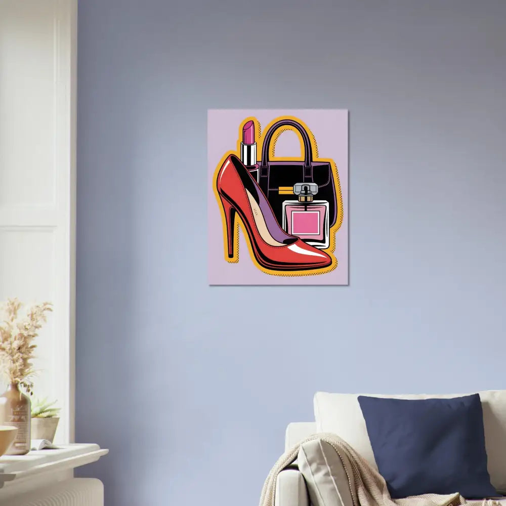 Pop art style glam slam brushed aluminum print of red high heel, black handbag, perfume bottle