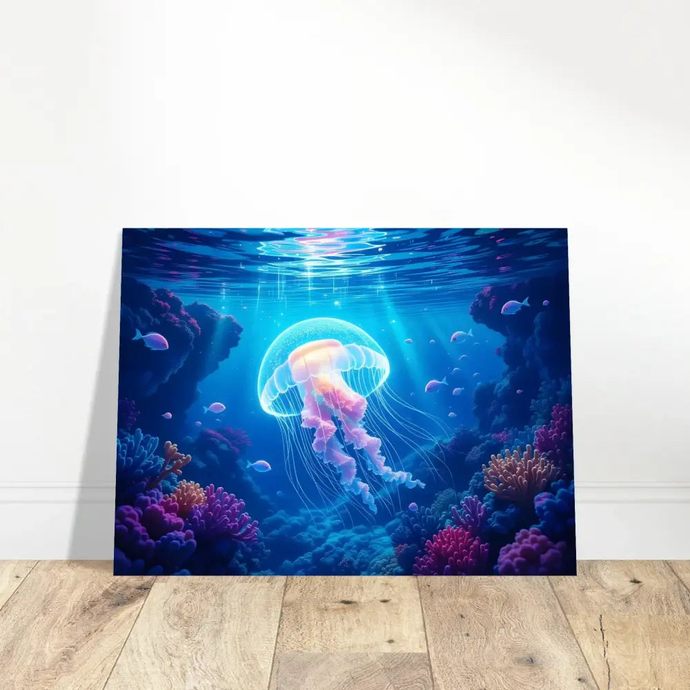 Underwater jellyfish art print on Aluminum Print Glowing Wanderer Cosmic Drift PixiOnyx Ocean Reverie