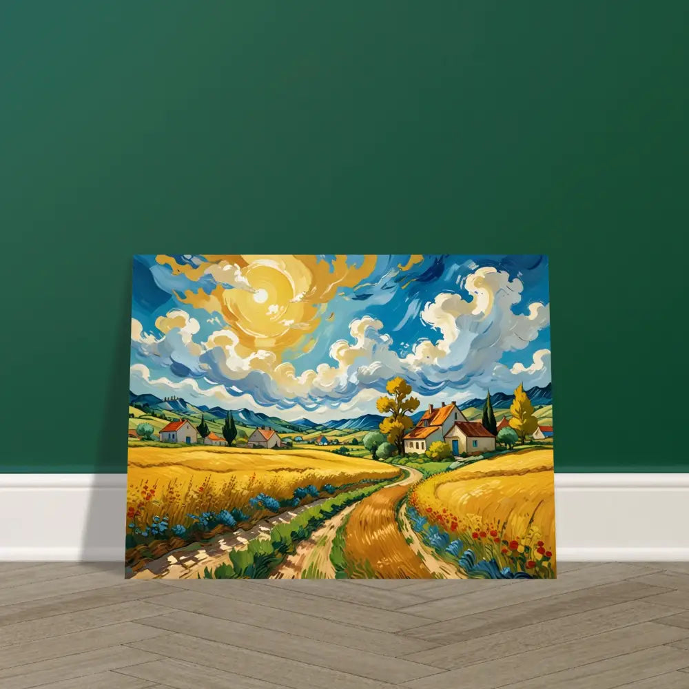 Vibrant landscape painting on Aluminum Print Golden Fields Reverie by PixiOnyx