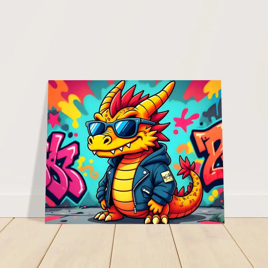 Cartoon dragon in sunglasses and jacket on graffiti-style urban pop metal art aluminum print