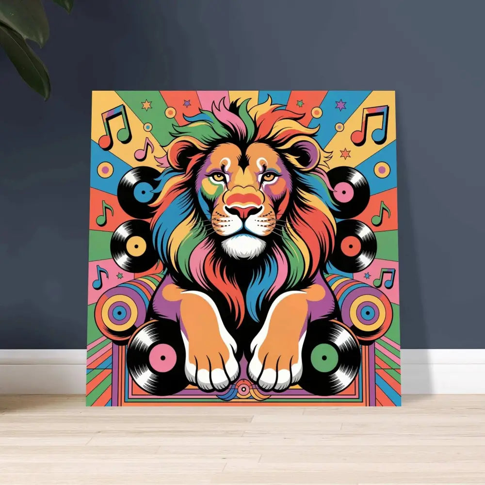 Colorful psychedelic style lion art print with musical notes and vinyl records for Groove King PixiOnyx Chrome Sound Majesty