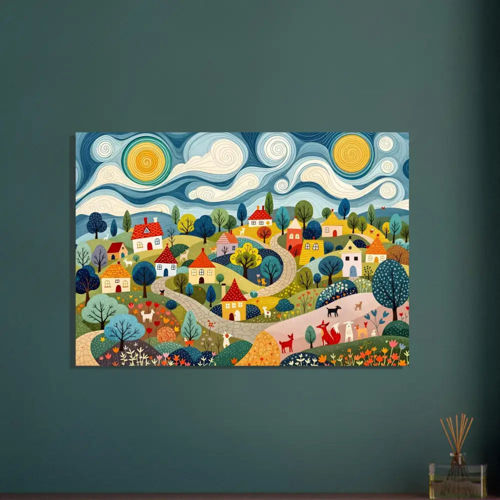 Colorful village landscape painting on Aluminum Print Hillside Harmony PixiOnyx Shinecore Edition