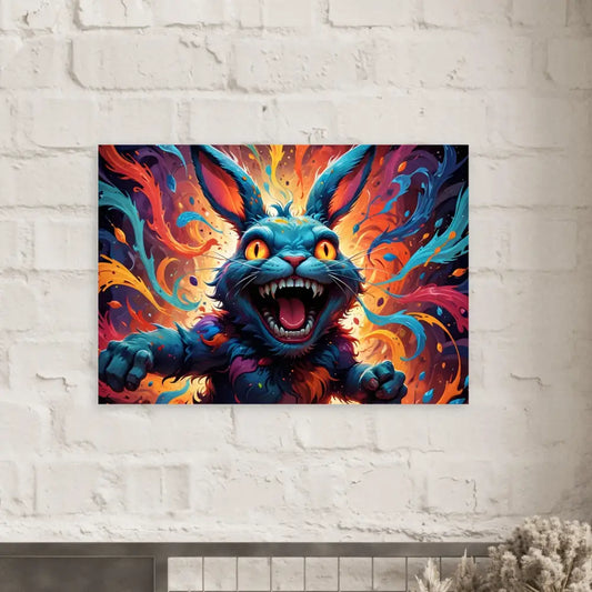 Colorful ferocious rabbit art on Aluminum Print Inferno Giggle by PixiOnyx Heatproof Havoc